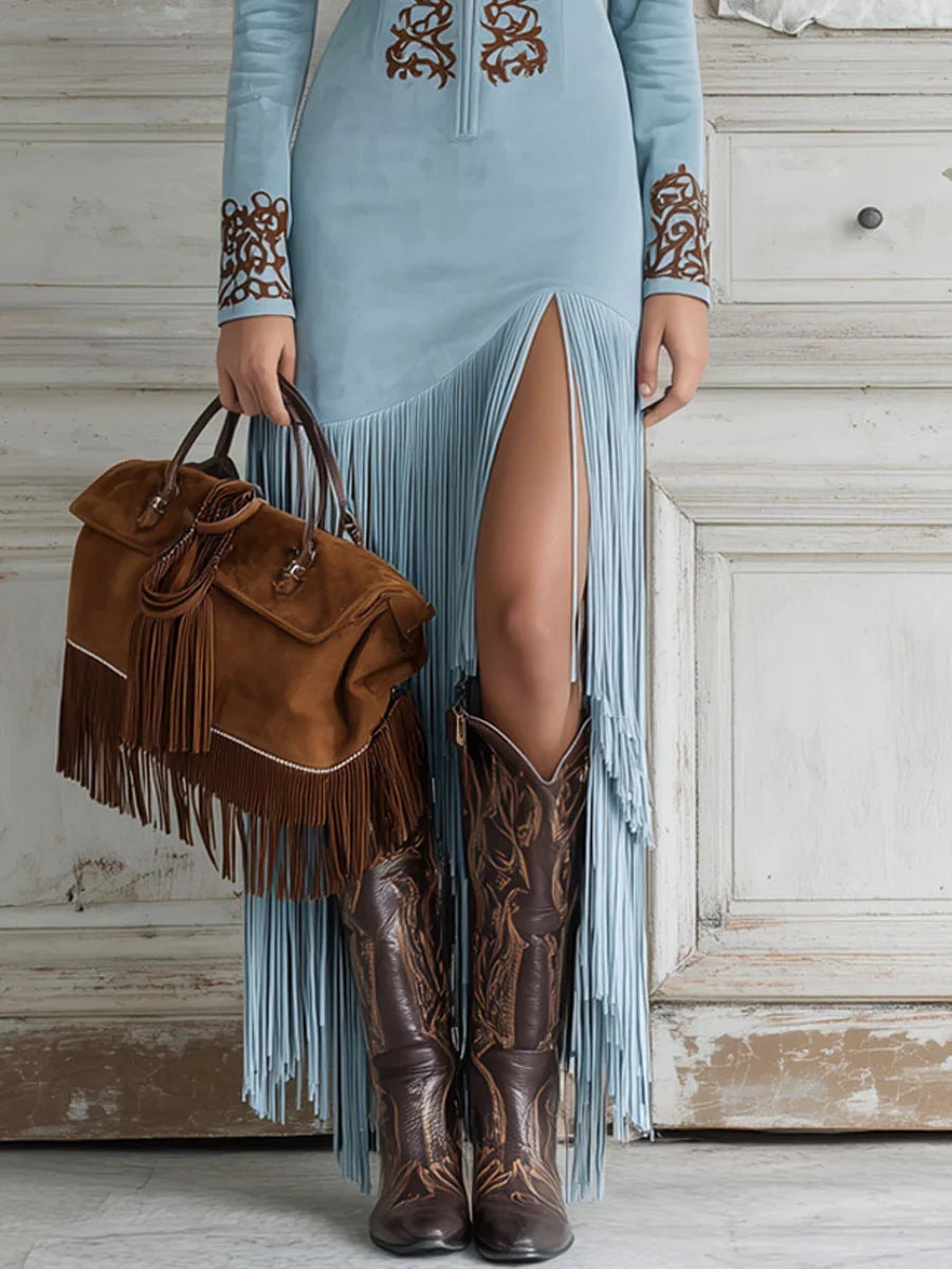 Ethnic Style Flowers Fringe Dress With Long Sleeve And Standing Collar, Polyester Maxi Long Dress