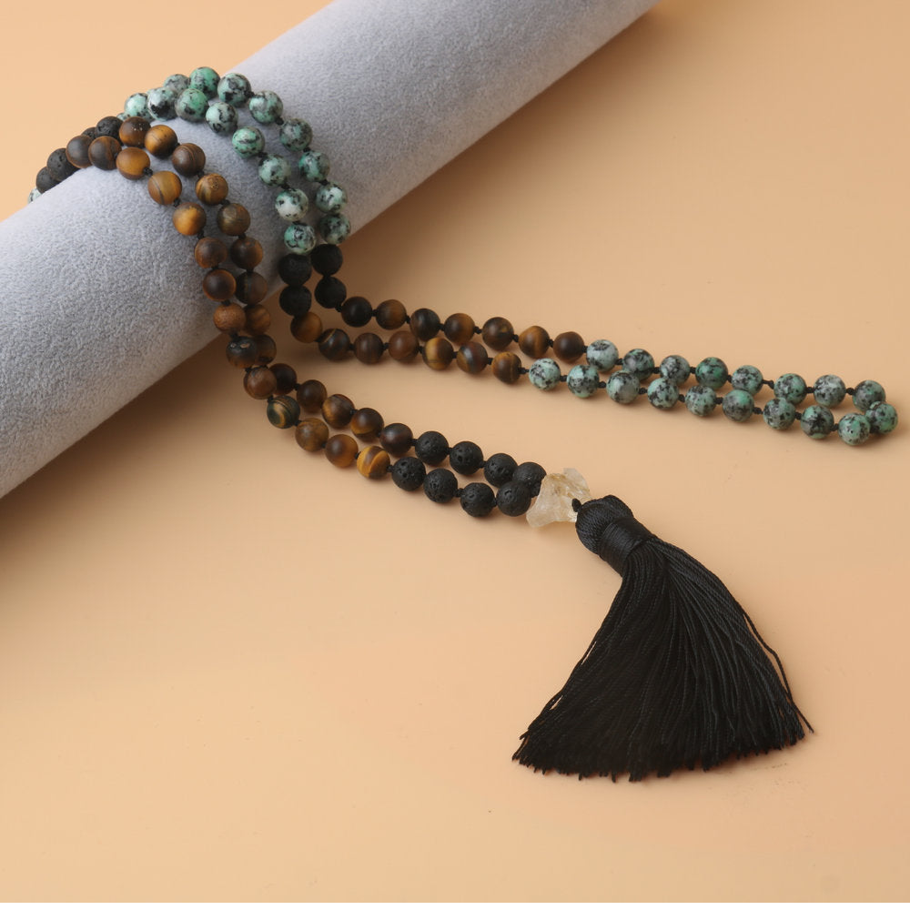 African Style Round Beaded Rosary Necklace With Natural Stone Pendant And Tiger Eye Inlay On Cable Chain For Unisex