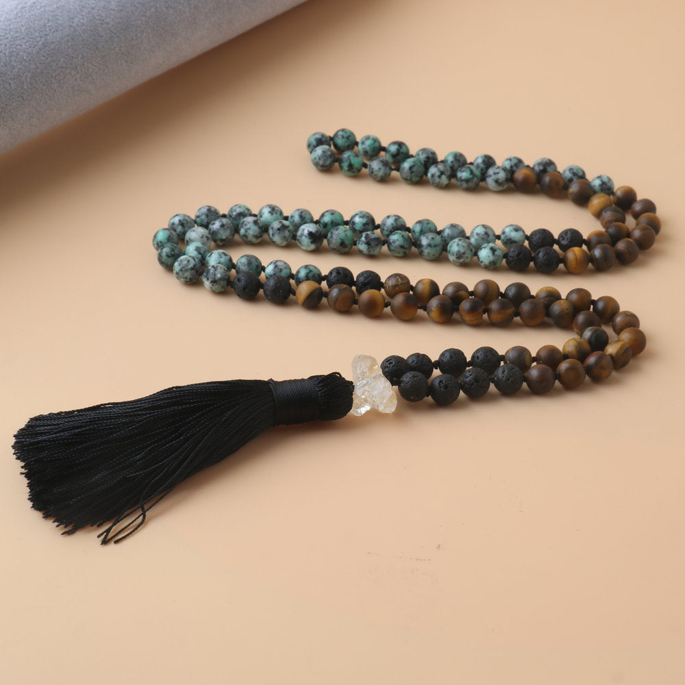 African Style Round Beaded Rosary Necklace With Natural Stone Pendant And Tiger Eye Inlay On Cable Chain For Unisex