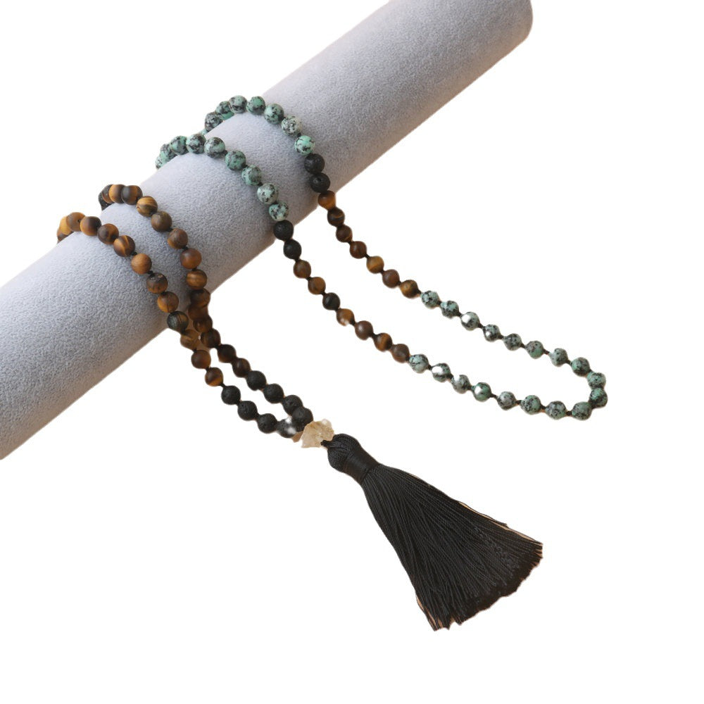 African Style Round Beaded Rosary Necklace With Natural Stone Pendant And Tiger Eye Inlay On Cable Chain For Unisex