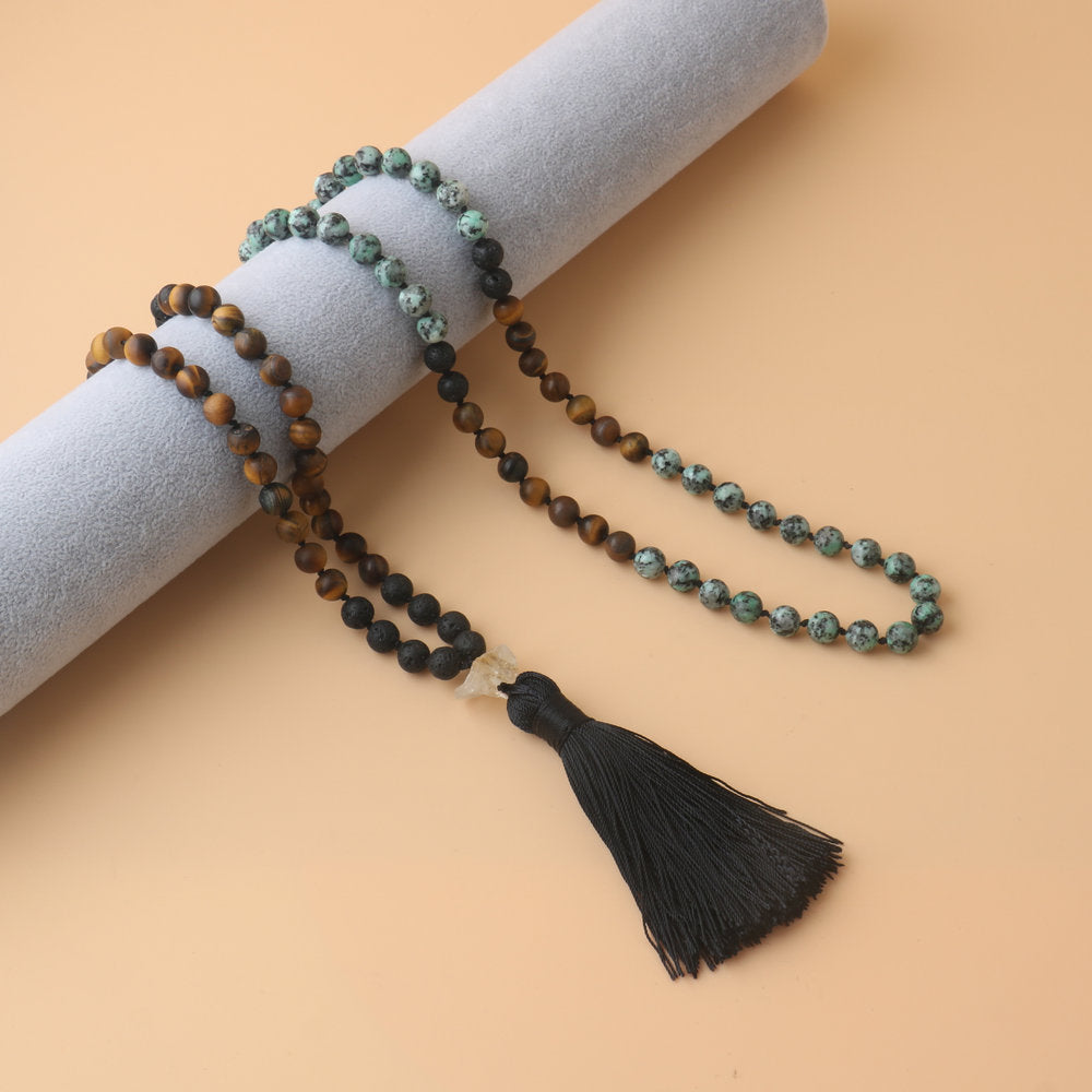 African Style Round Beaded Rosary Necklace With Natural Stone Pendant And Tiger Eye Inlay On Cable Chain For Unisex