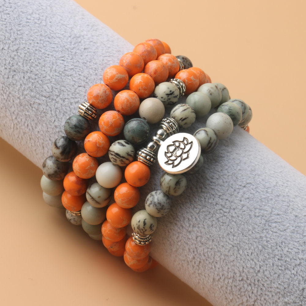 Unisex Gem Beaded Rosary Necklace With Natural Stone Inlay Featuring Flower Pattern
