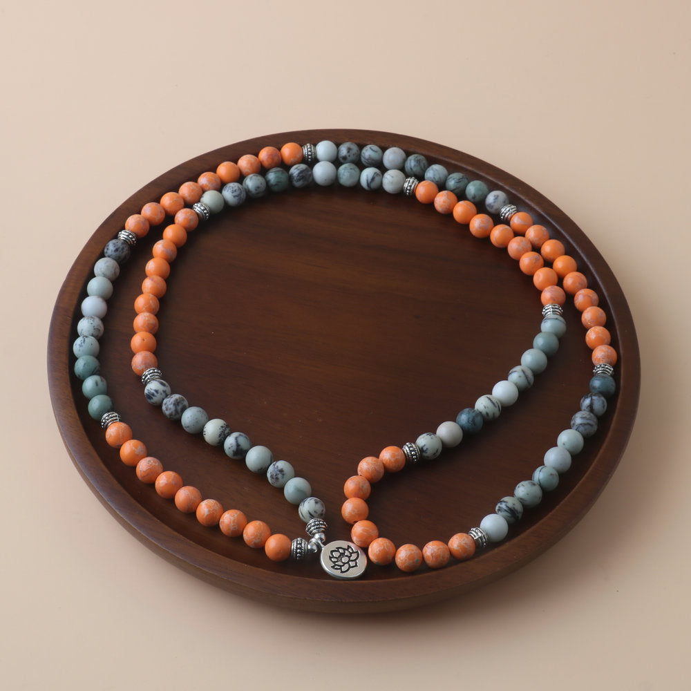 Unisex Gem Beaded Rosary Necklace With Natural Stone Inlay Featuring Flower Pattern