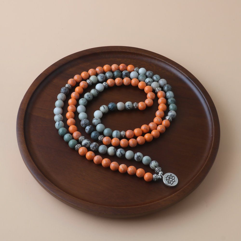 Unisex Gem Beaded Rosary Necklace With Natural Stone Inlay Featuring Flower Pattern