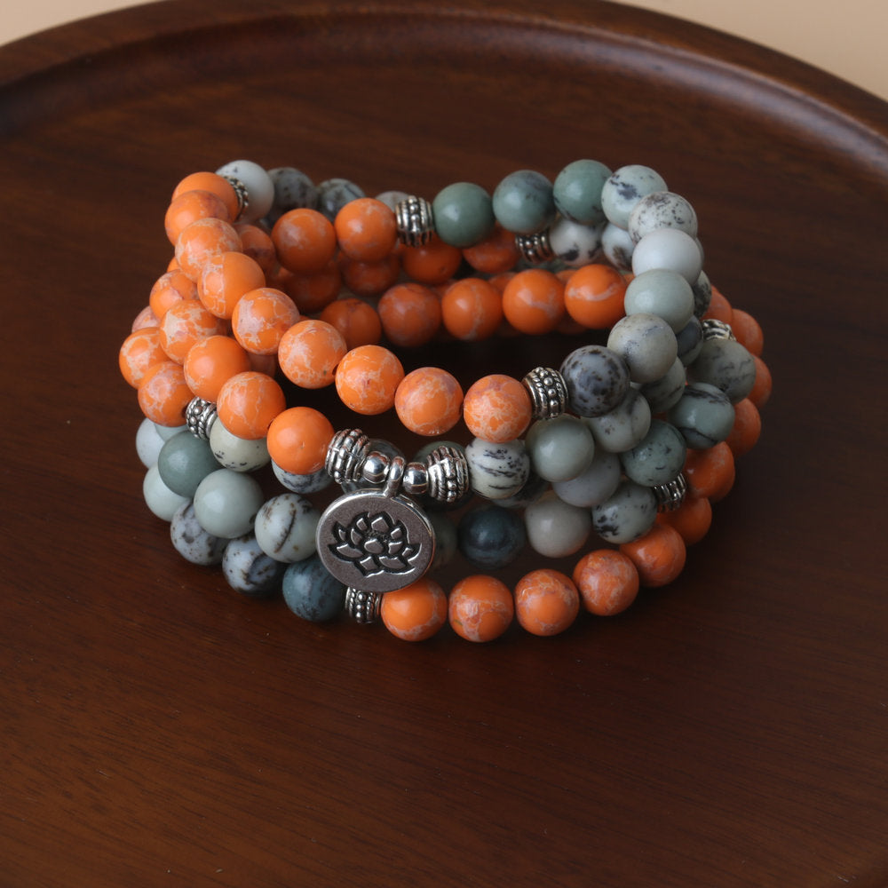 Unisex Gem Beaded Rosary Necklace With Natural Stone Inlay Featuring Flower Pattern