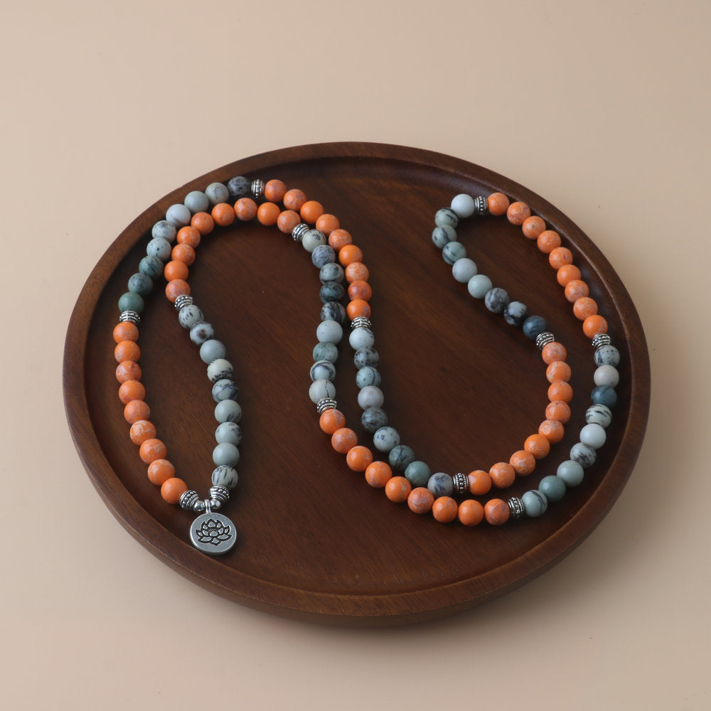 Unisex Gem Beaded Rosary Necklace With Natural Stone Inlay Featuring Flower Pattern