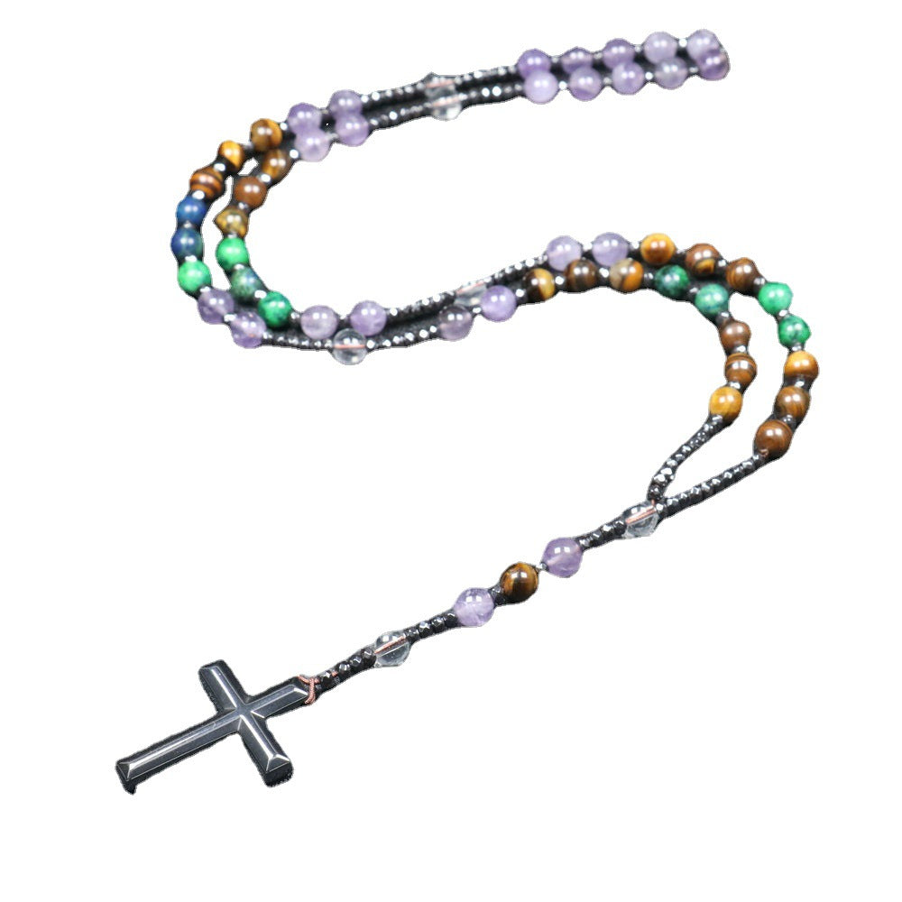 Handmade Purple Cross Rosary Necklace With Natural Stone Gem Pendant For Unisex