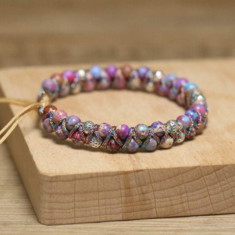 Bohemian Purple Braid Bracelet For Women Featuring Natural Stone Inlay