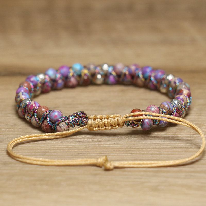 Bohemian Purple Braid Bracelet For Women Featuring Natural Stone Inlay