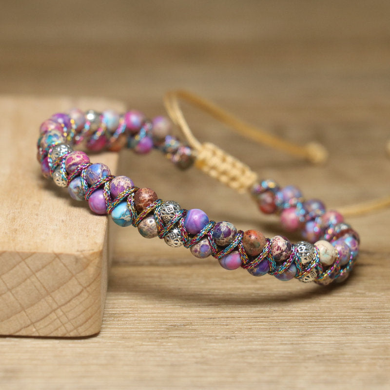 Bohemian Purple Braid Bracelet For Women Featuring Natural Stone Inlay