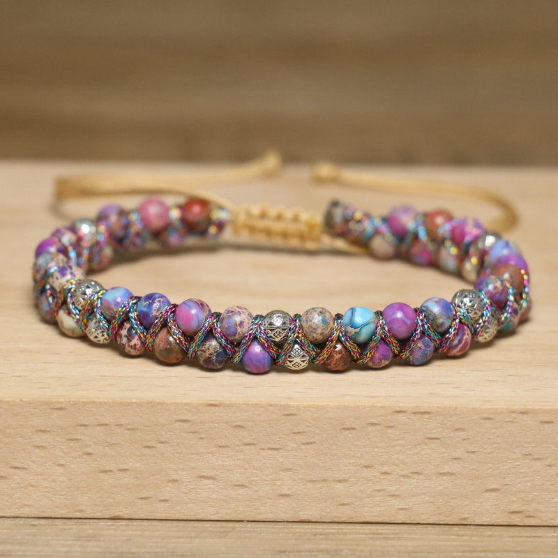 Bohemian Purple Braid Bracelet For Women Featuring Natural Stone Inlay