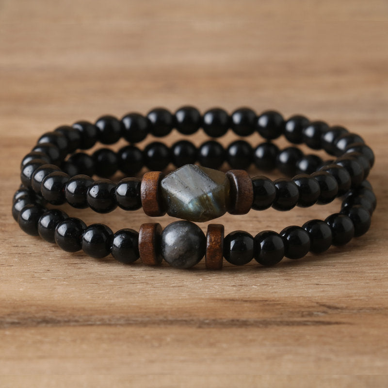 Men's Business Dyed Black Labradorite Circle Beaded Bracelet Bangle Featuring Elegant Beading Craft