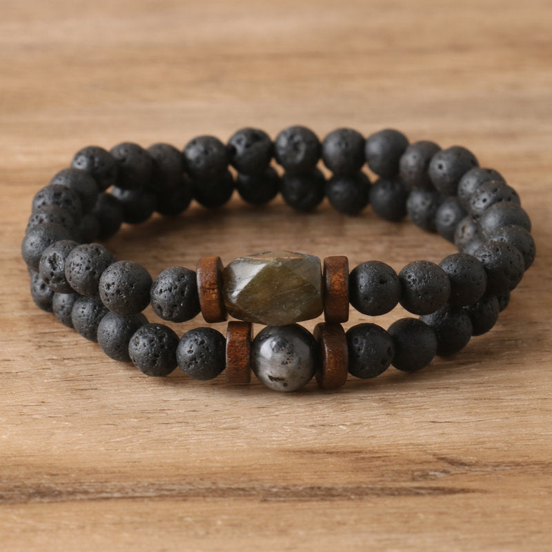 Men's Business Dyed Black Labradorite Circle Beaded Bracelet Bangle Featuring Elegant Beading Craft