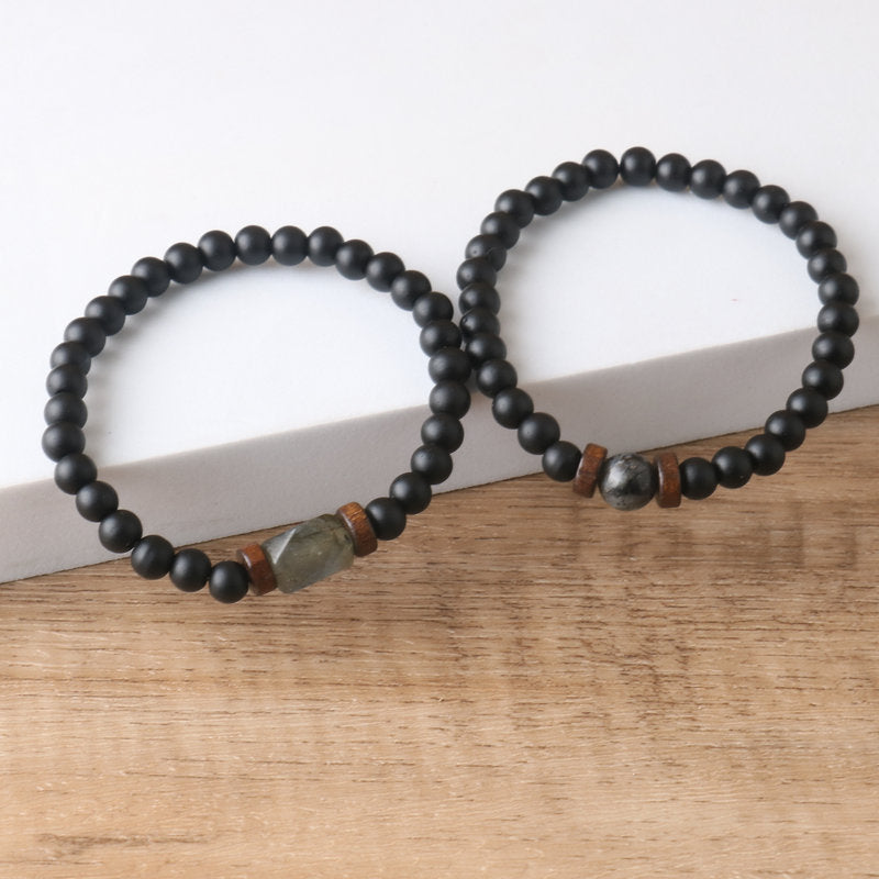 Men's Business Dyed Black Labradorite Circle Beaded Bracelet Bangle Featuring Elegant Beading Craft