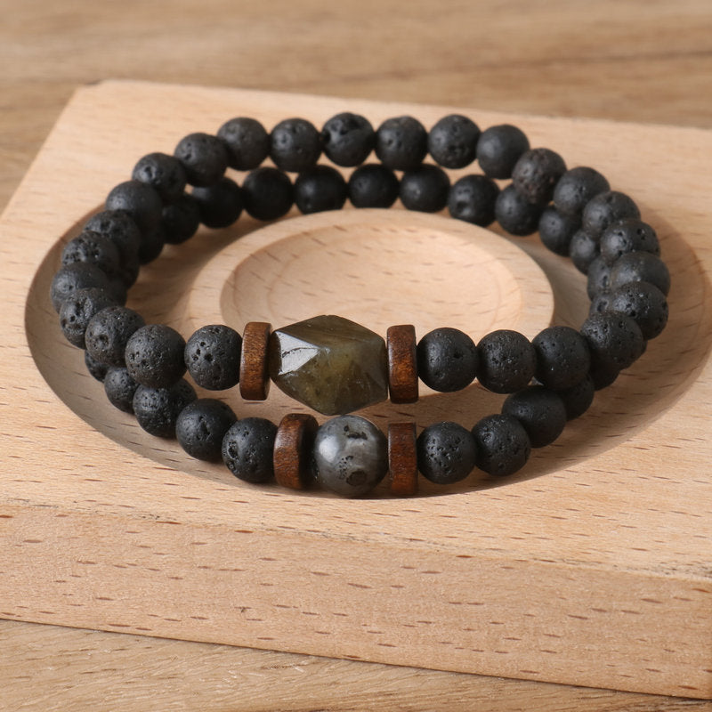 Men's Business Dyed Black Labradorite Circle Beaded Bracelet Bangle Featuring Elegant Beading Craft