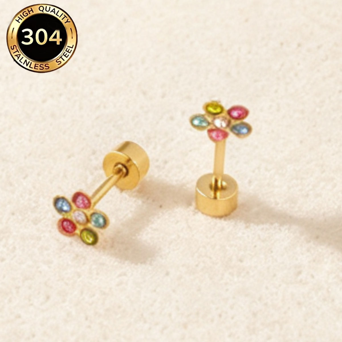 Hypoallergenic Flowers Stud Earrings For Women In 304 Stainless Steel With 18K Real Gold PVD Coated And Zircon Inlay