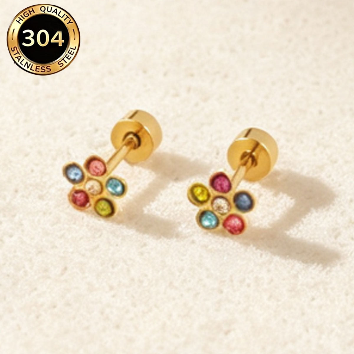 Hypoallergenic Flowers Stud Earrings For Women In 304 Stainless Steel With 18K Real Gold PVD Coated And Zircon Inlay