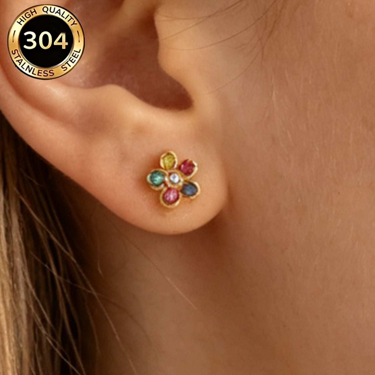 Hypoallergenic Flowers Stud Earrings For Women In 304 Stainless Steel With 18K Real Gold PVD Coated And Zircon Inlay