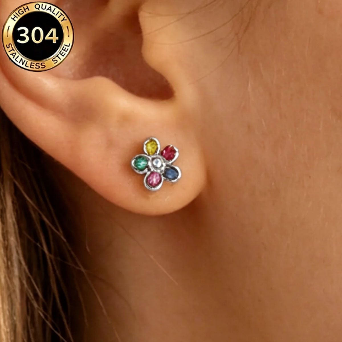 Hypoallergenic Flowers Stud Earrings For Women In 304 Stainless Steel With 18K Real Gold PVD Coated And Zircon Inlay
