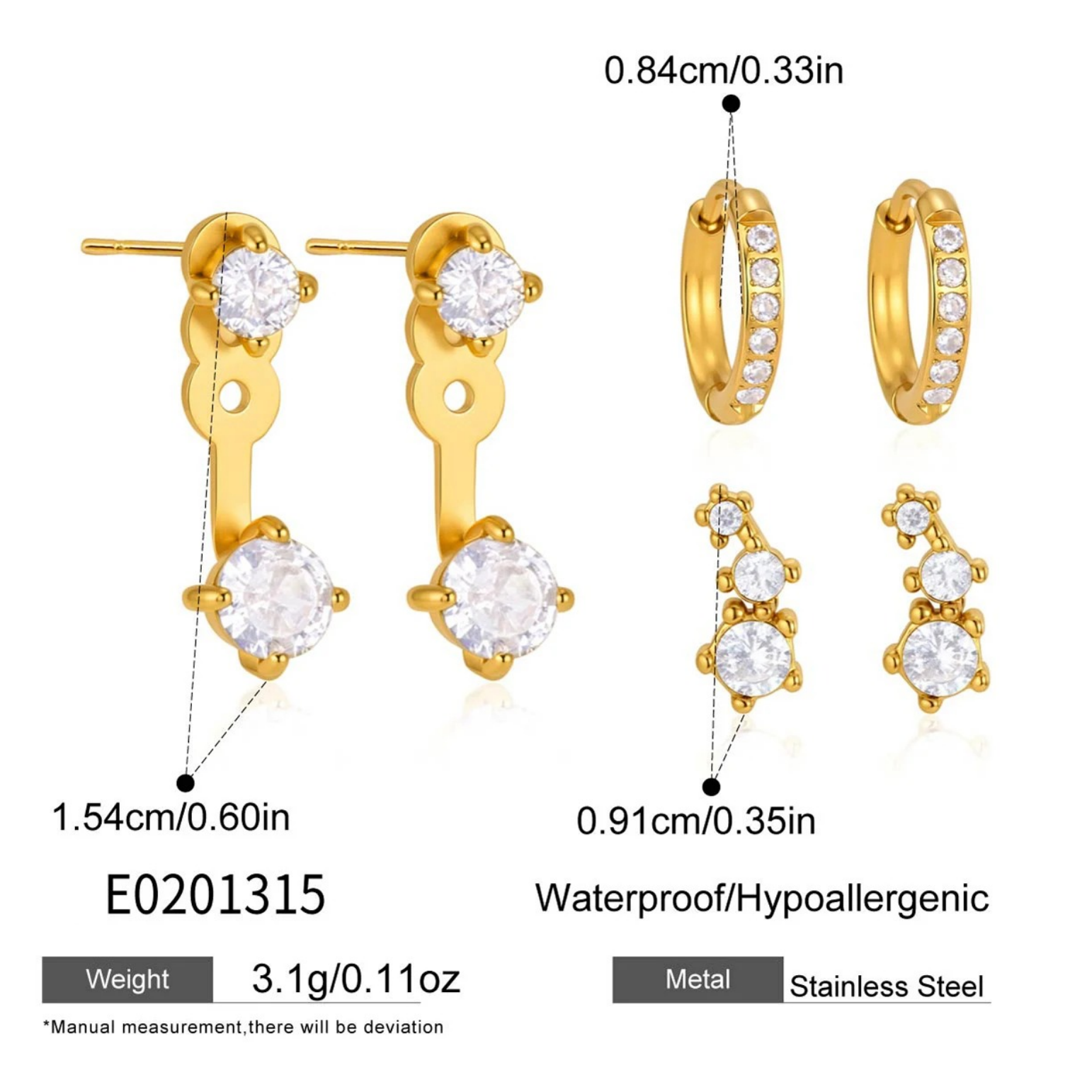 Geometric Hypoallergenic Stud Earrings For Women, 304 Stainless Steel With 18K Real Gold PVD Coating And Zircon Inlay