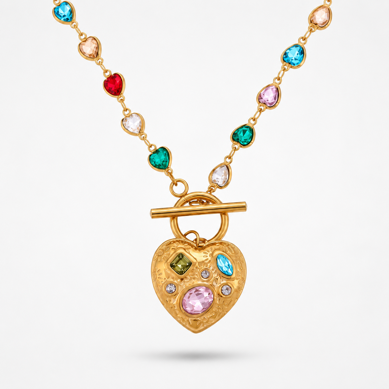 Heart Shape Hypoallergenic Necklace For Women, 18K Gold Plated 304 Stainless Steel With Natural Stone And Marine Style Chain