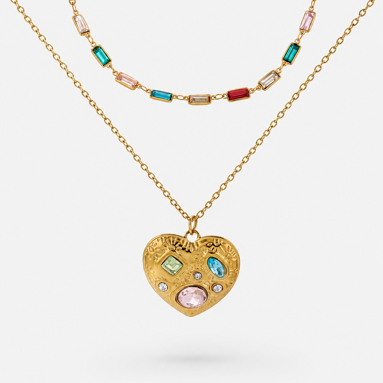 Heart Shape Hypoallergenic Necklace For Women, 18K Gold Plated 304 Stainless Steel With Natural Stone And Marine Style Chain