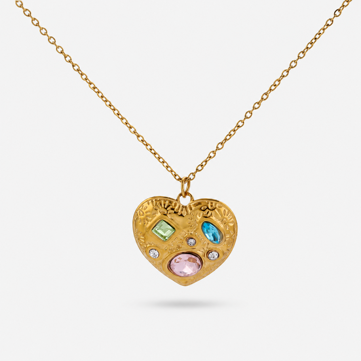Heart Shape Hypoallergenic Necklace For Women, 18K Gold Plated 304 Stainless Steel With Natural Stone And Marine Style Chain
