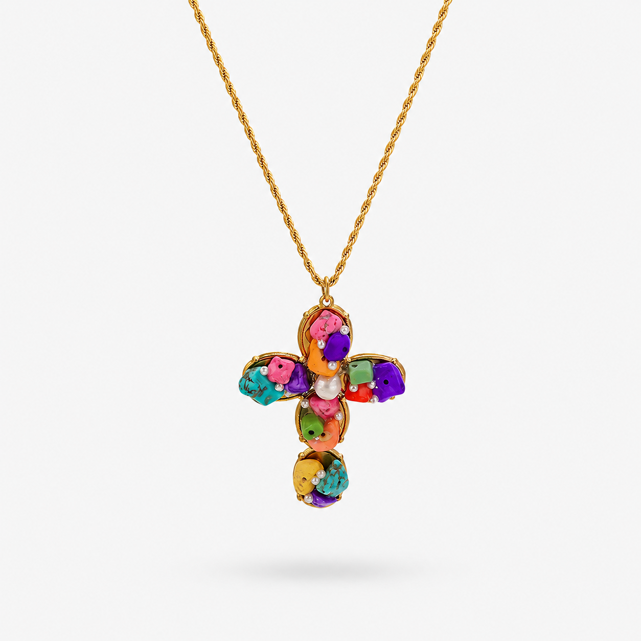 Heart Shape Hypoallergenic Necklace For Women, 18K Gold Plated 304 Stainless Steel With Natural Stone And Marine Style Chain