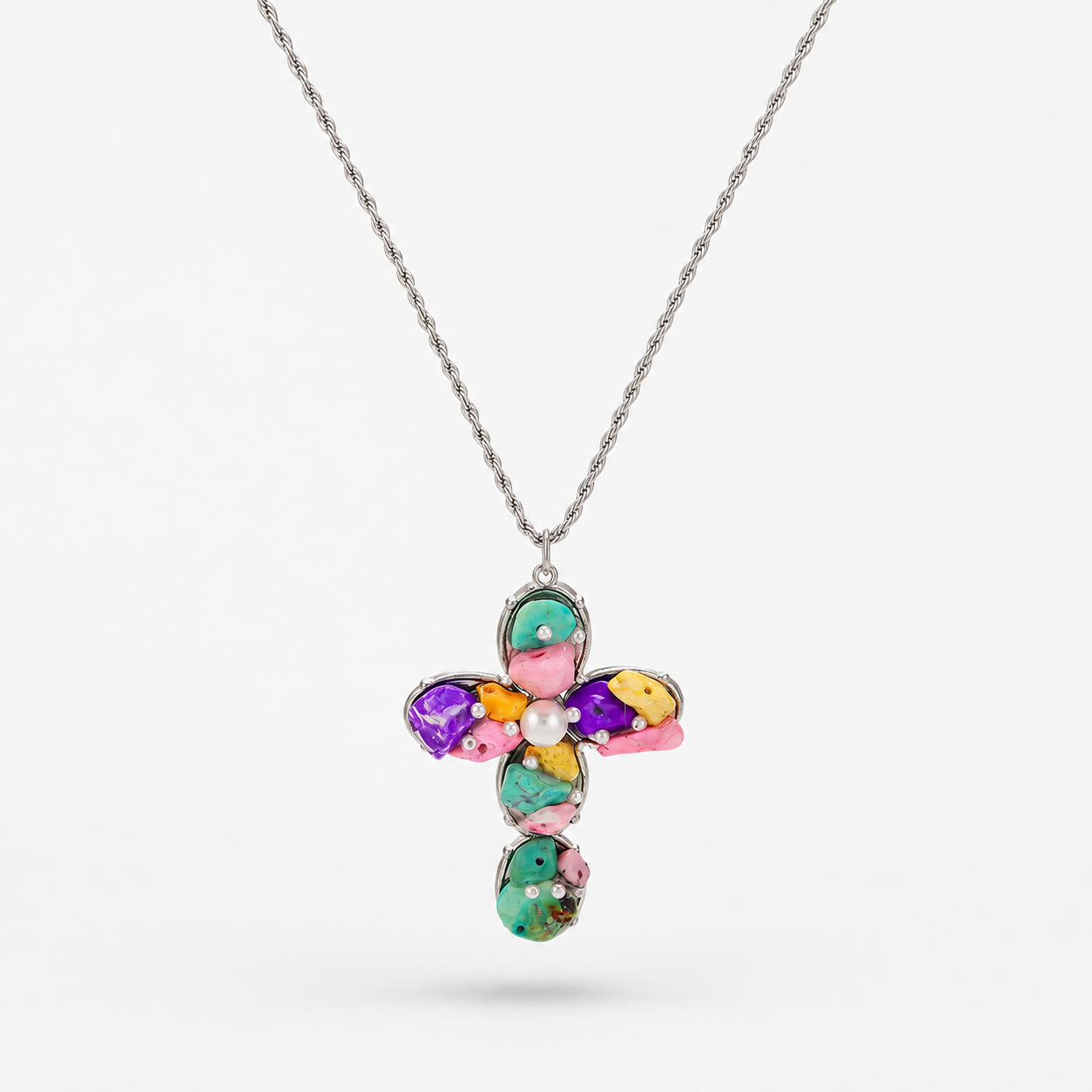 Heart Shape Hypoallergenic Necklace For Women, 18K Gold Plated 304 Stainless Steel With Natural Stone And Marine Style Chain