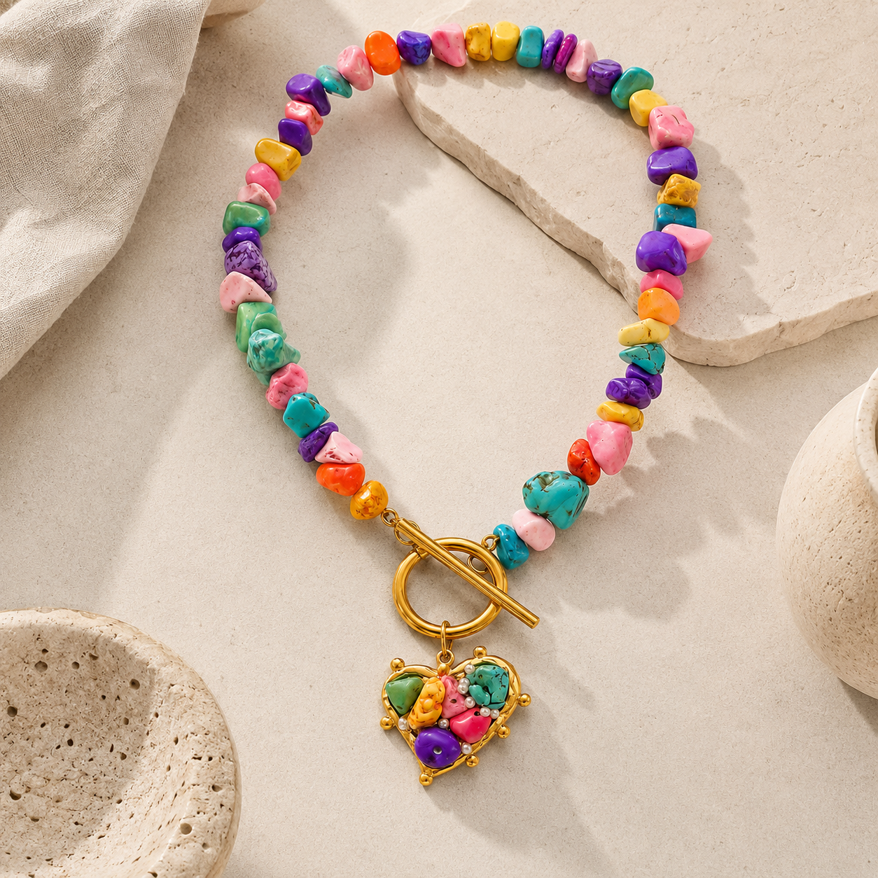 Heart Shape Hypoallergenic Necklace For Women, 18K Gold Plated 304 Stainless Steel With Natural Stone And Marine Style Chain