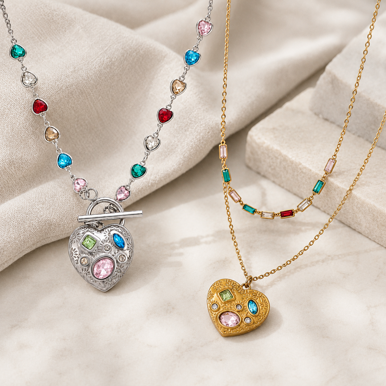 Heart Shape Hypoallergenic Necklace For Women, 18K Gold Plated 304 Stainless Steel With Natural Stone And Marine Style Chain