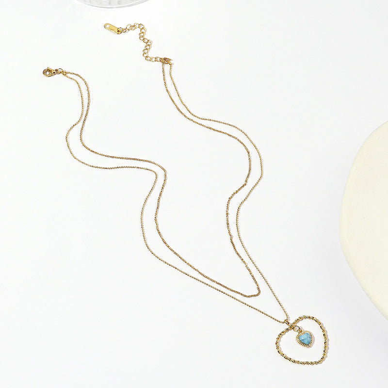 New Style Heart Shape Double Layer Necklace For Couples In Gold With 304 Stainless Steel Pendant And Turquoise Inlay