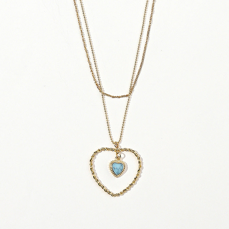 New Style Heart Shape Double Layer Necklace For Couples In Gold With 304 Stainless Steel Pendant And Turquoise Inlay
