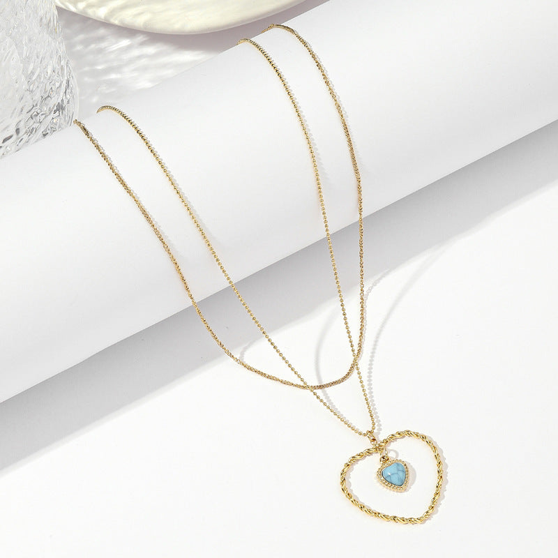 New Style Heart Shape Double Layer Necklace For Couples In Gold With 304 Stainless Steel Pendant And Turquoise Inlay