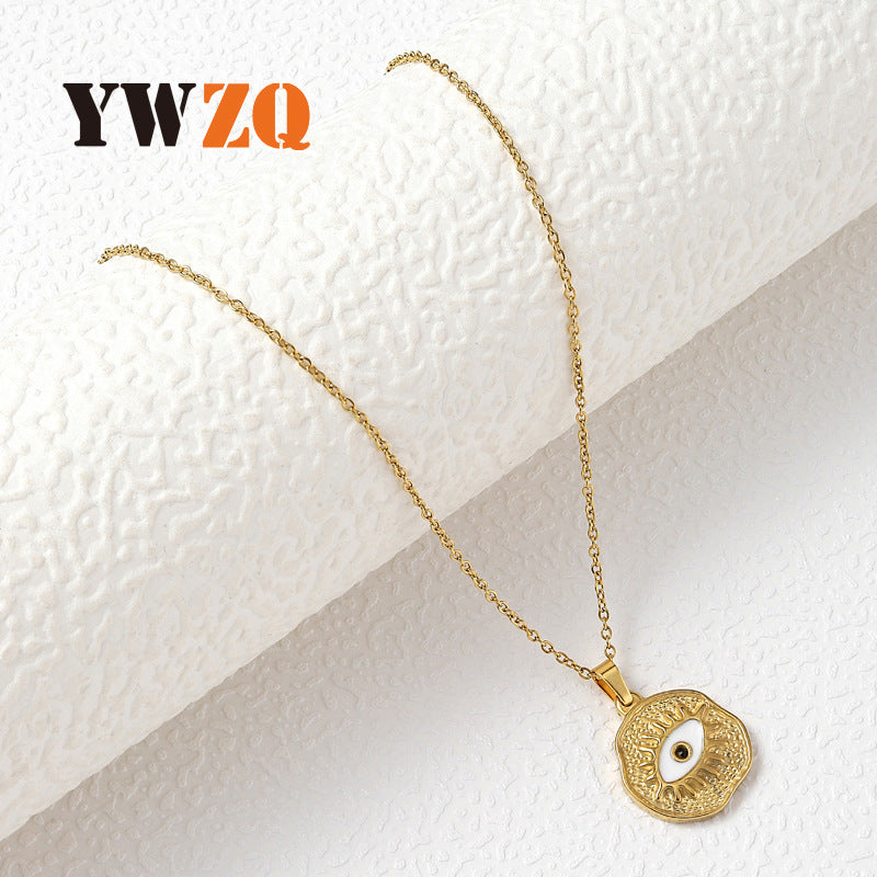 New Style Gold Enamel Eye Necklace With Titanium Steel Pendant And Cable Chain For Unisex