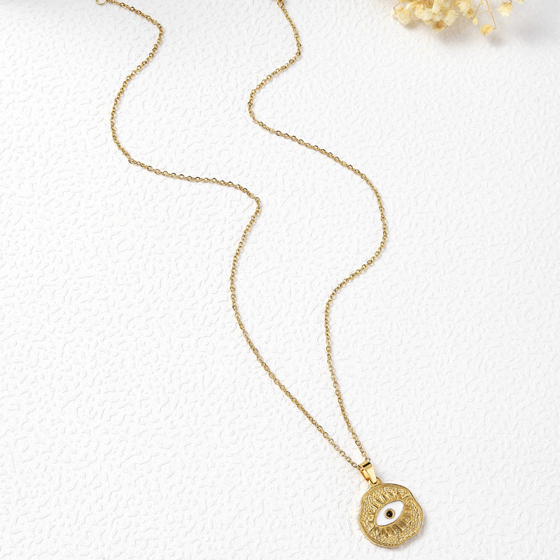 New Style Gold Enamel Eye Necklace With Titanium Steel Pendant And Cable Chain For Unisex
