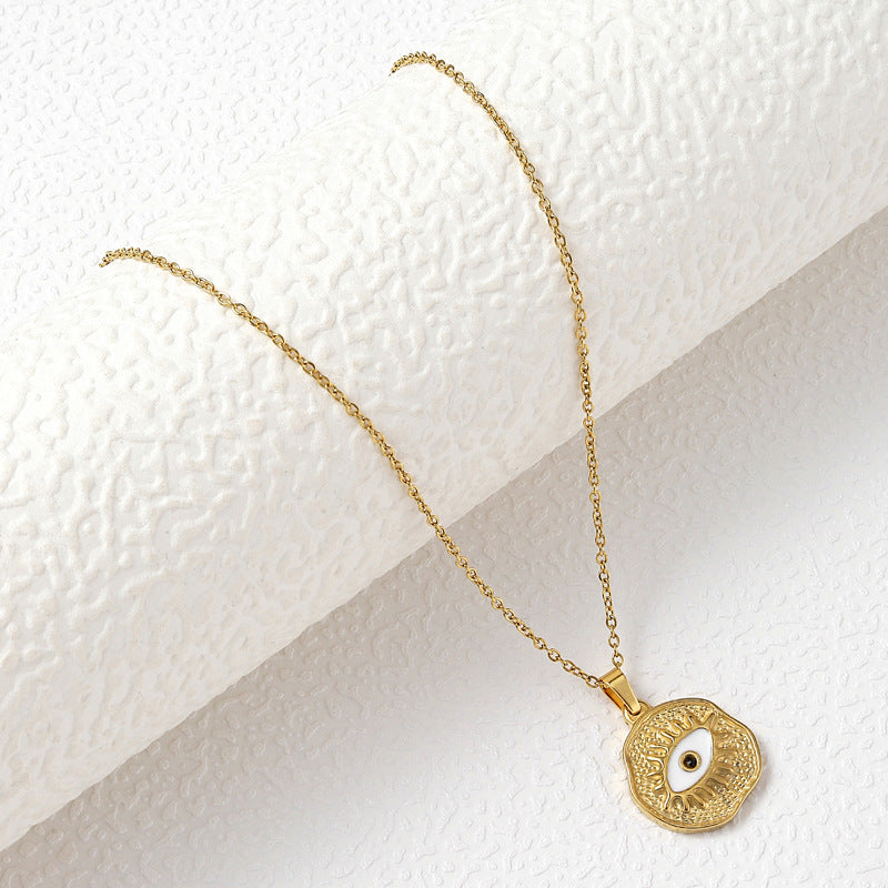 New Style Gold Enamel Eye Necklace With Titanium Steel Pendant And Cable Chain For Unisex