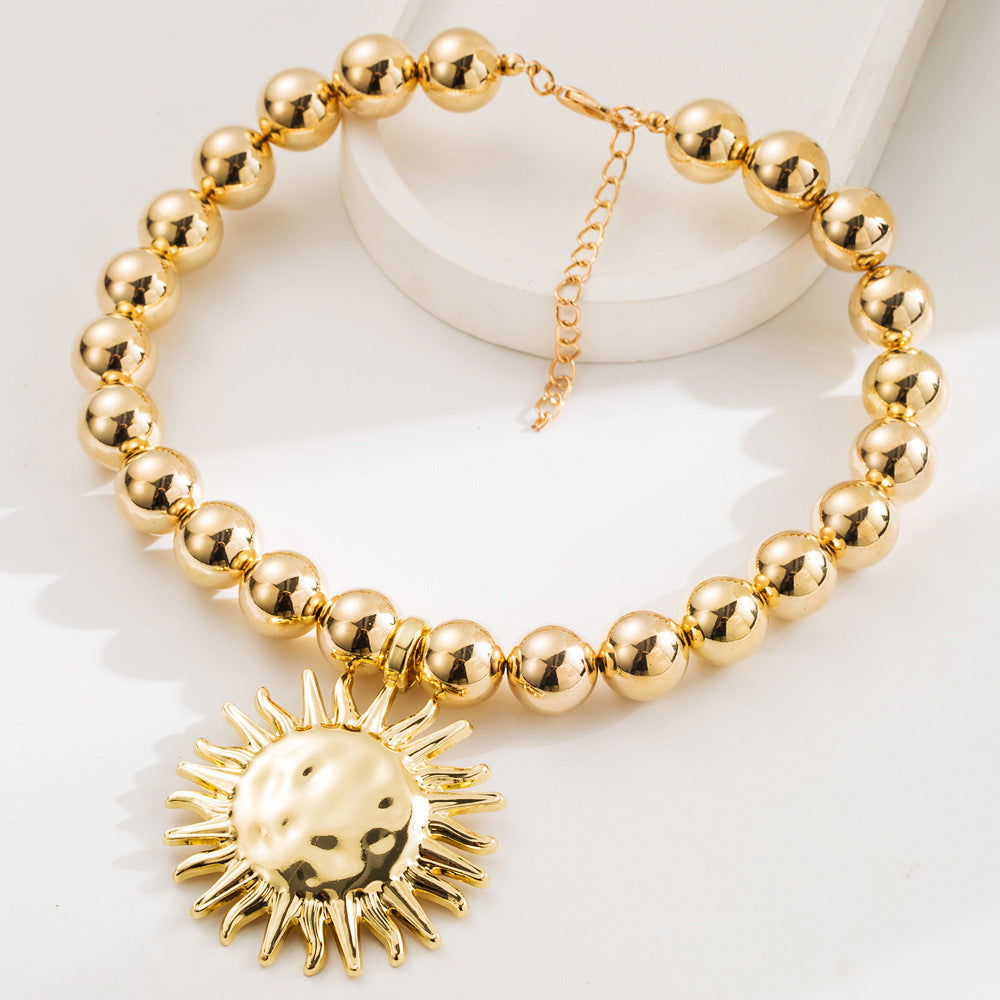 Gold Hip-Hop Sun Necklace For Women With Alloy Pendant On Ball Chain