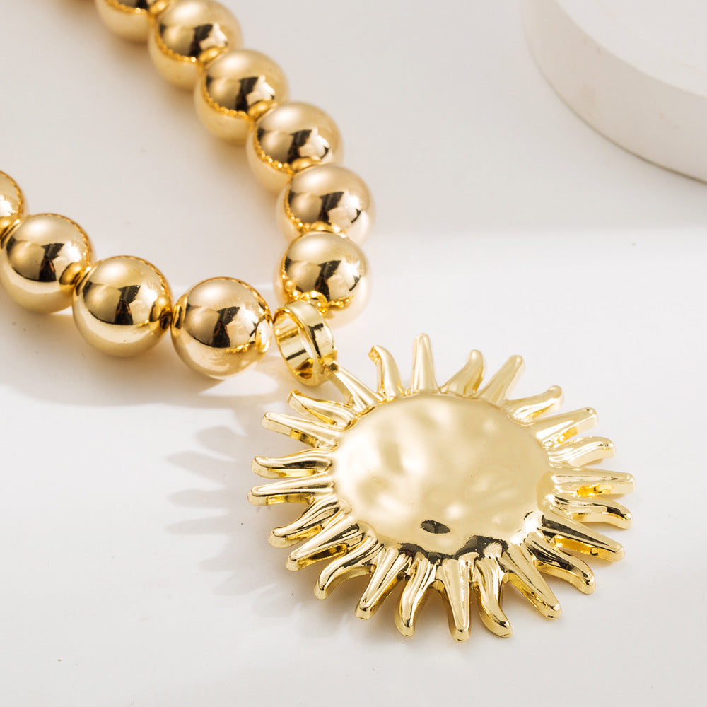 Gold Hip-Hop Sun Necklace For Women With Alloy Pendant On Ball Chain