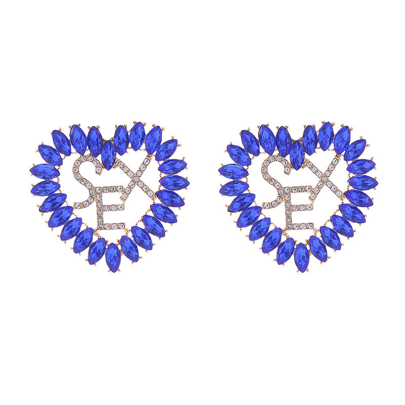 Heart Shape Blue Alloy Earrings For Women With Rhinestone Inlay, Elegant And Stylish Jewelry