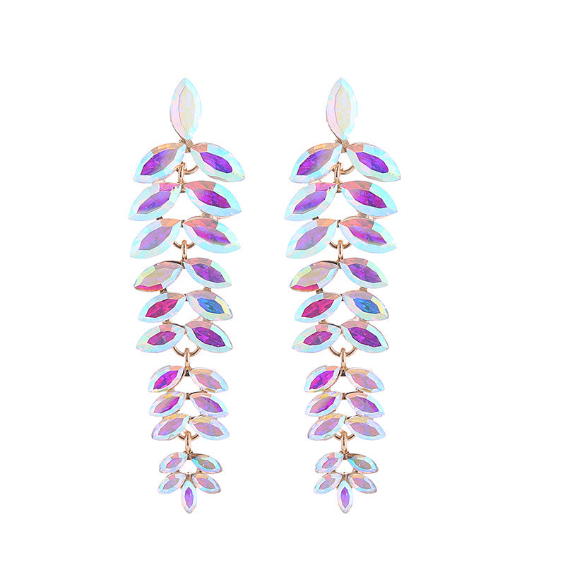 Exaggerated Leaves Tassel Earrings For Women In Colour Alloy With Rhinestone Inlay