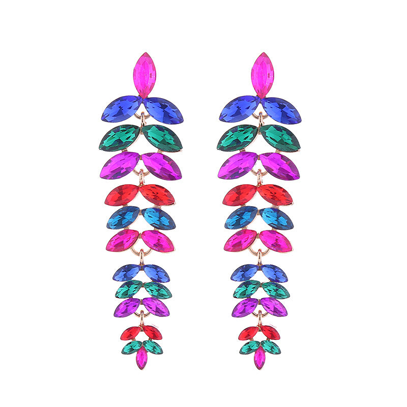 Exaggerated Leaves Tassel Earrings For Women In Colour Alloy With Rhinestone Inlay