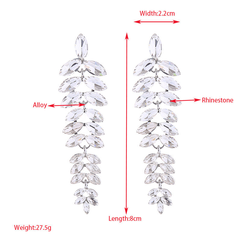 Exaggerated Leaves Tassel Earrings For Women In Colour Alloy With Rhinestone Inlay