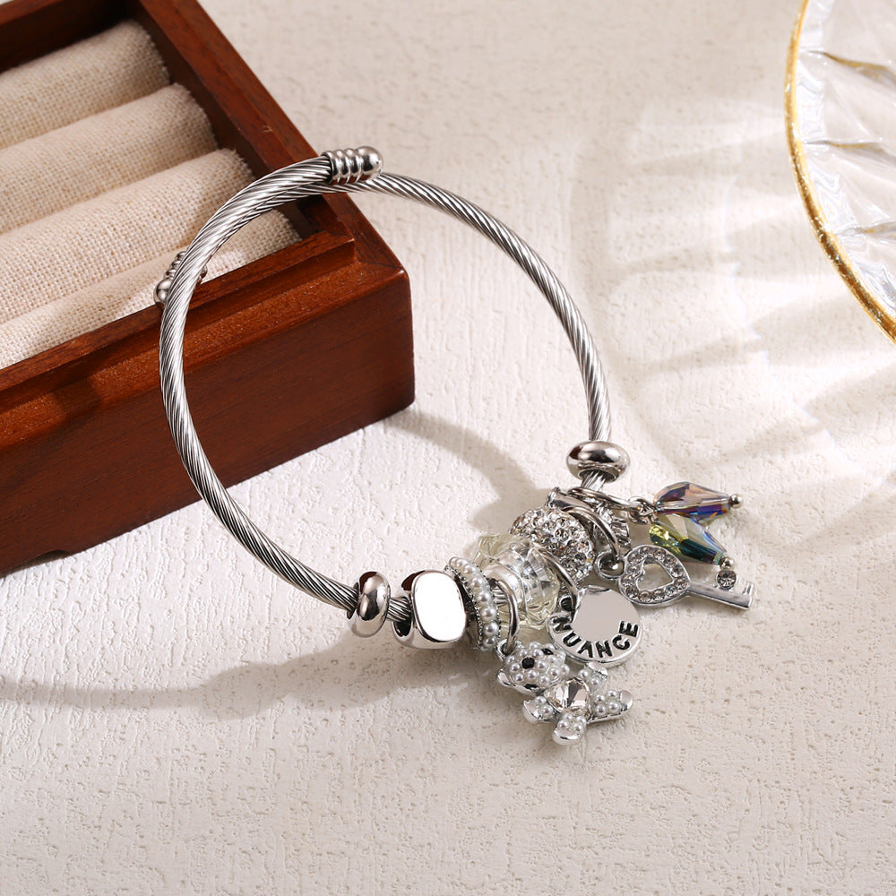 Bear Pattern Silver Alloy Bangle For Women With Beading Craft And Rhinestone Inlay