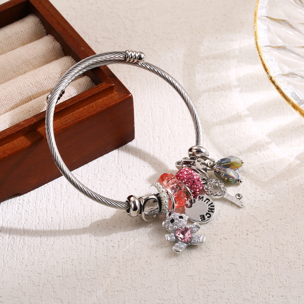 Bear Pattern Silver Alloy Bangle For Women With Beading Craft And Rhinestone Inlay