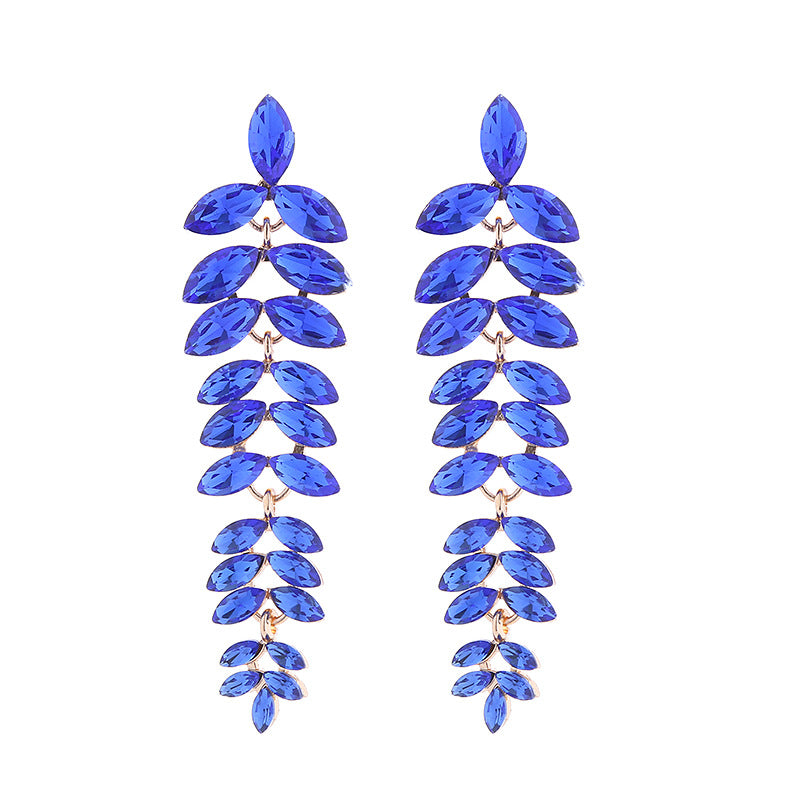 Exaggerated Leaves Tassel Earrings For Women In Colour Alloy With Rhinestone Inlay