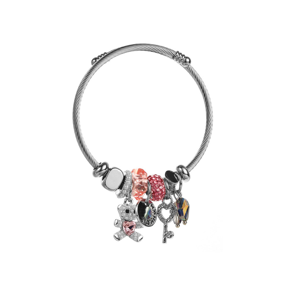 Bear Pattern Silver Alloy Bangle For Women With Beading Craft And Rhinestone Inlay