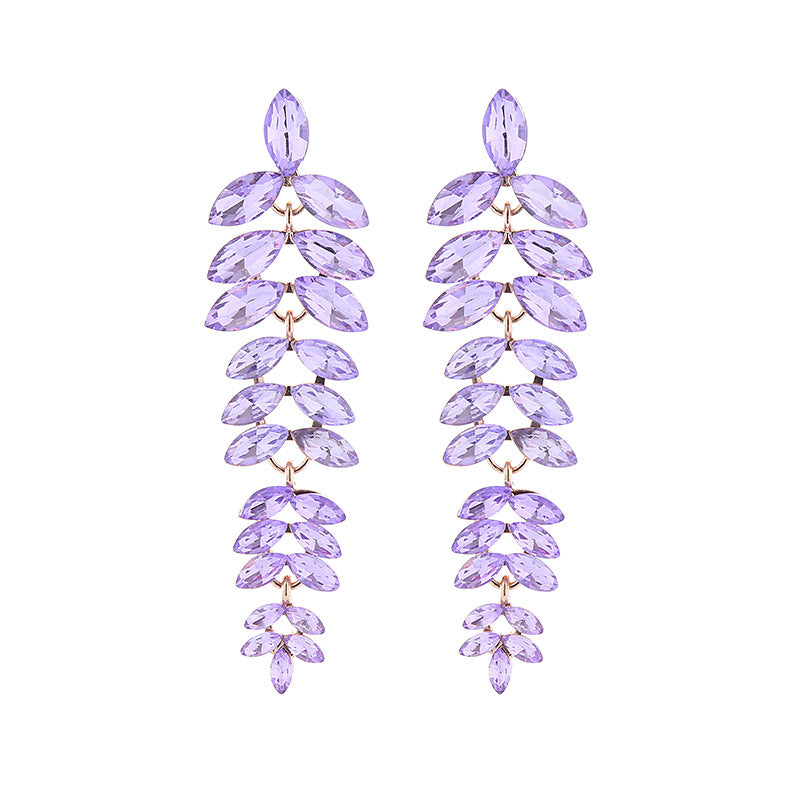 Exaggerated Leaves Tassel Earrings For Women In Colour Alloy With Rhinestone Inlay