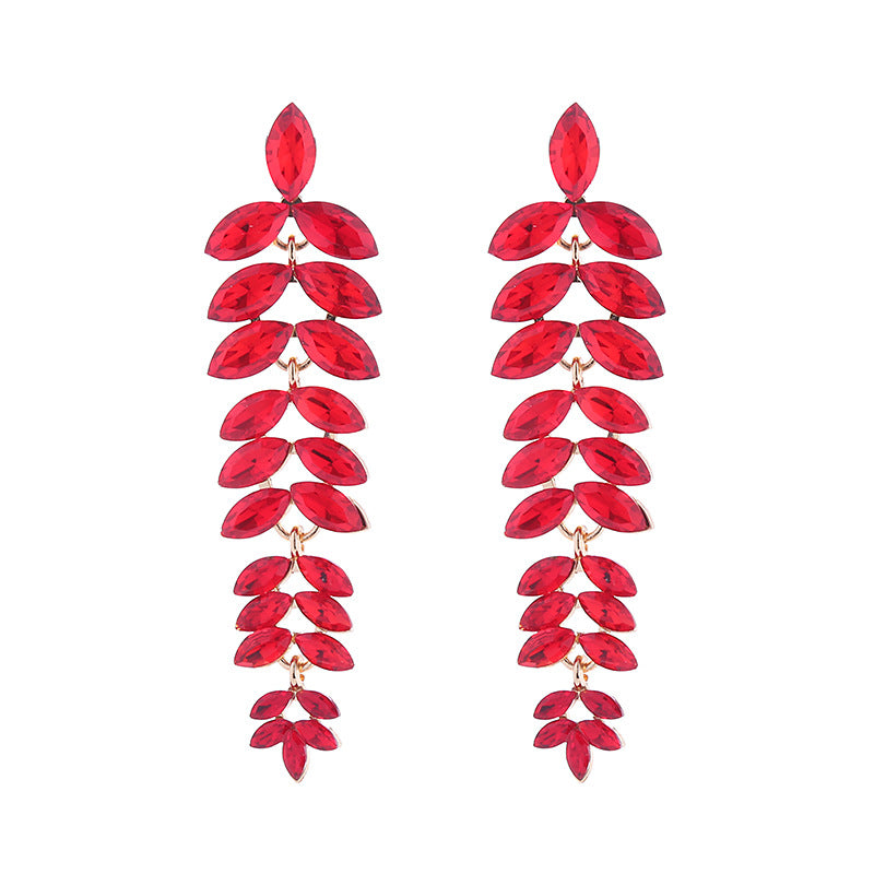 Exaggerated Leaves Tassel Earrings For Women In Colour Alloy With Rhinestone Inlay