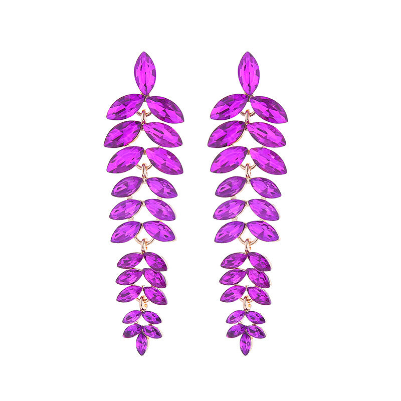 Exaggerated Leaves Tassel Earrings For Women In Colour Alloy With Rhinestone Inlay